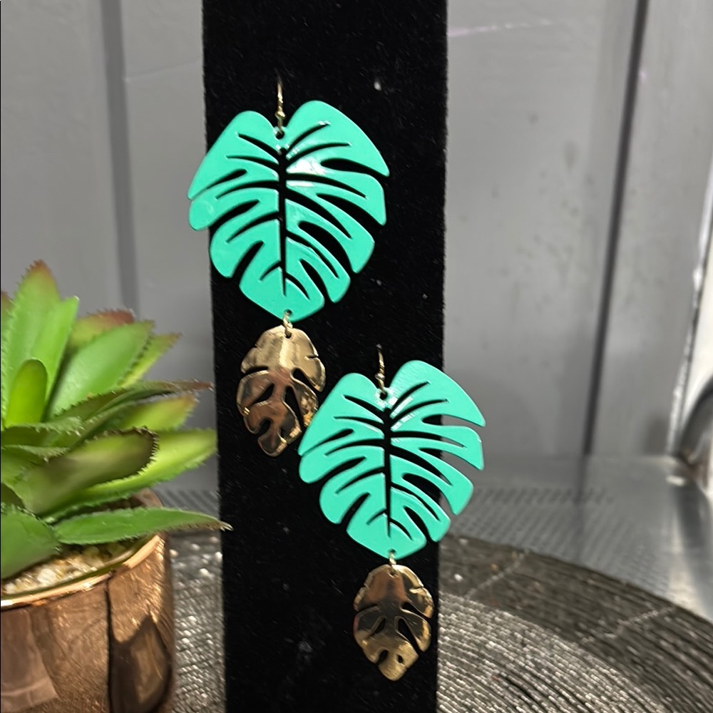 Green and Gold Monstera Leaf Earrings Botanical Design